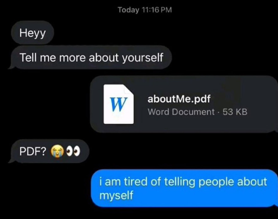 Today 11:16 PM Heyy Tell me more about yourself W aboutMe.pdf Word Document - 53 KB PDF? i am tired of telling people about myself