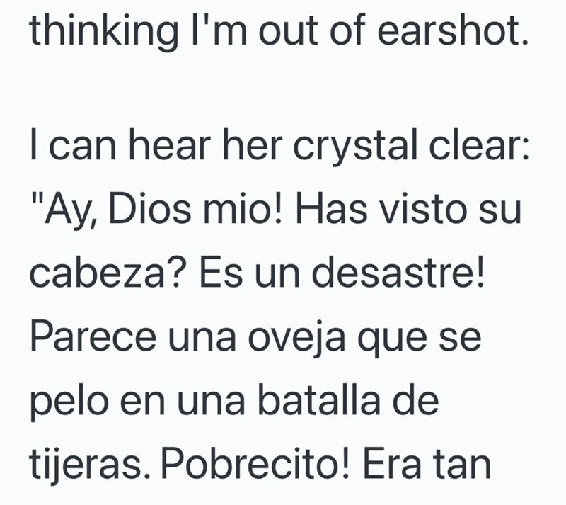 thinking I'm out of earshot. I can hear her crystal clear: "Ay, Dios mio! Has visto su cabeza? Es un desastre! Parece una oveja que se pelo en una batalla de tijeras. Pobrecito! Era tan