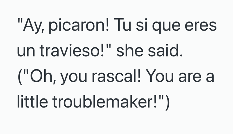 "Ay, picaron! Tu si que eres un travieso!" she said. ("Oh, you rascal! You are a little troublemaker!")