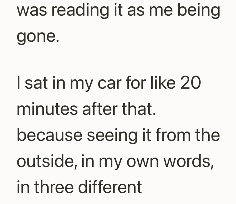 was reading it as me being gone. I sat in my car for like 20 minutes after that. because seeing it from the outside, in my own words, in three different