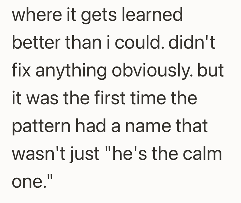 where it gets learned better than i could. didn't fix anything obviously. but it was the first time the pattern had a name that wasn't just "he's the calm one."