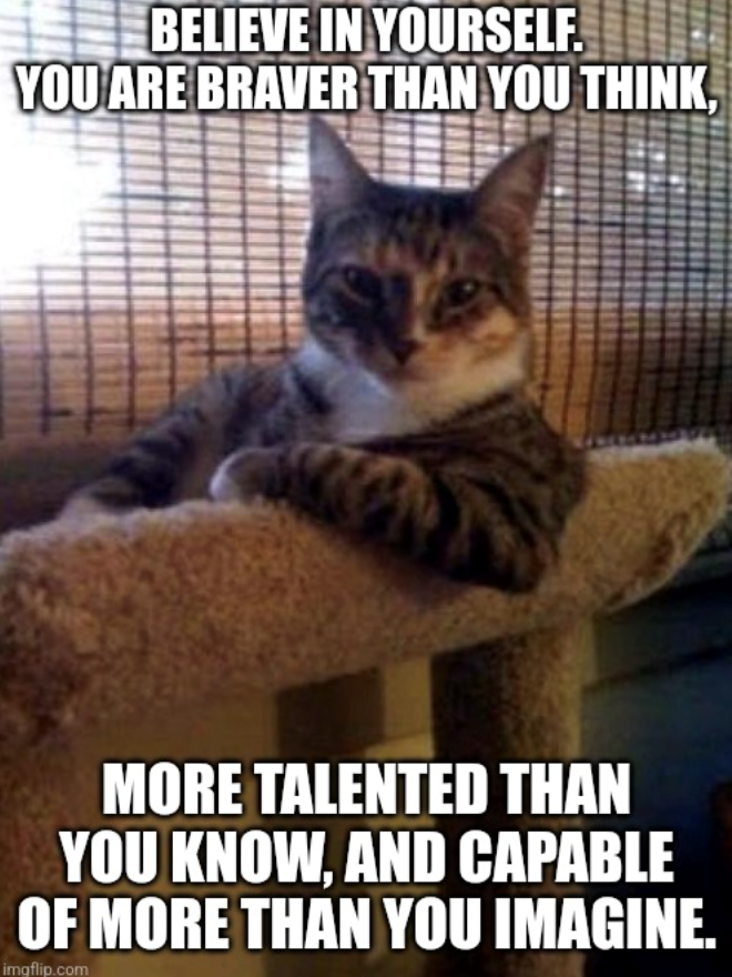 BELIEVE IN YOURSELF. YOU ARE BRAVER THAN YOU THINK, MORE TALENTED THAN YOU KNOW, AND CAPABLE OF MORE THAN YOU IMAGINE. imgflip.com