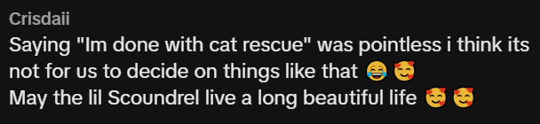 Crisdaii Saying "Im done with cat rescue" was pointless i think its not for us to decide on things like that May the lil Scoundrel live a long beautiful life