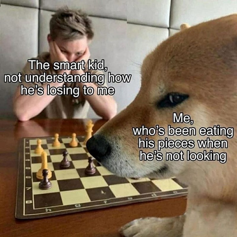 The smart kid, not understanding how he's losing to me Me, who's been eating his pieces when he's not looking