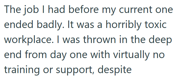 The job I had before my current one ended badly. It was a horribly toxic workplace. I was thrown in the deep end from day one with virtually no training or support, despite