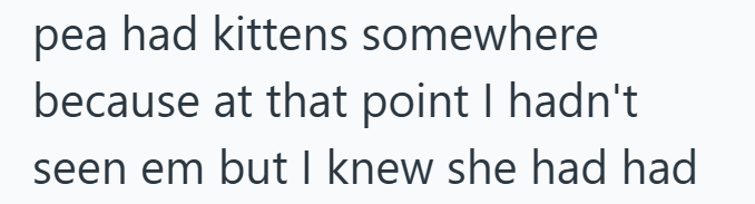 pea had kittens somewhere because at that point I hadn't seen em but I knew she had had