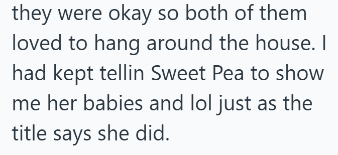 they were okay so both of them loved to hang around the house. I had kept tellin Sweet Pea to show me her babies and lol just as the title says she did.