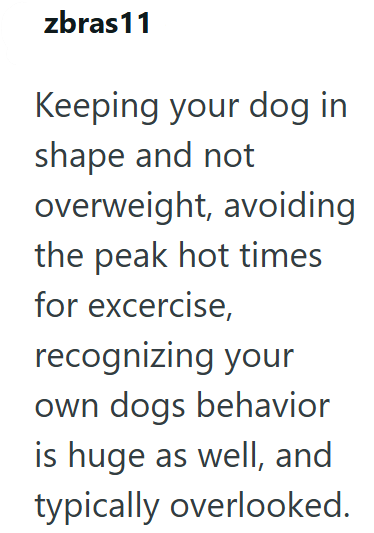 zbras11 Keeping your dog in shape and not overweight, avoiding the peak hot times for excercise, recognizing your own dogs behavior is huge as well, and typically overlooked.