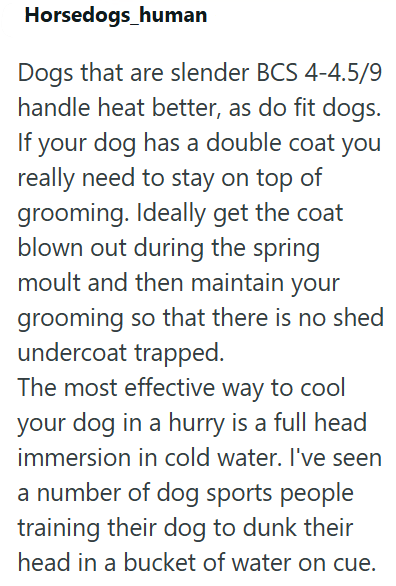 Horsedogs_human Dogs that are slender BCS 4-4.5/9 handle heat better, as do fit dogs. If your dog has a double coat you really need to stay on top of grooming. Ideally get the coat blown out during the spring moult and then maintain your grooming so that there is no shed undercoat trapped. The most effective way to cool your dog in a hurry is a full head immersion in cold water. I've seen a number of dog sports people training their dog to dunk their head in a bucket of water on cue.