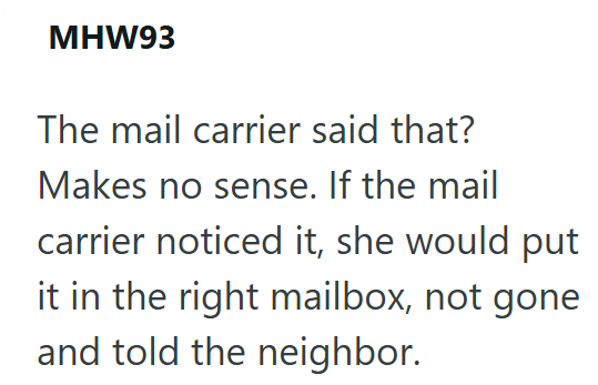 MHW93 The mail carrier said that? Makes no sense. If the mail carrier noticed it, she would put it in the right mailbox, not gone and told the neighbor.