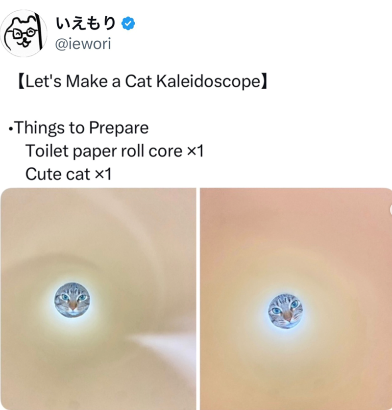 いえもり @iewori [Let's Make a Cat Kaleidoscope] •Things to Prepare Toilet paper roll core x1 Cute cat x1