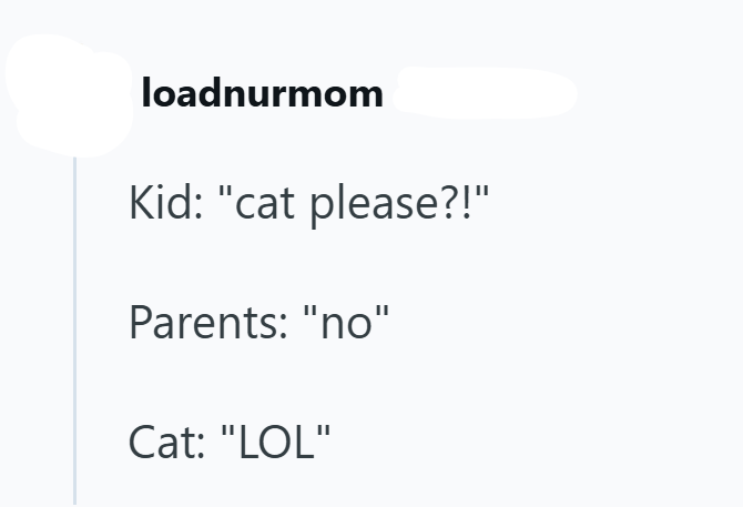 loadnurmom Kid: "cat please?!" Parents: "no" Cat: "LOL"