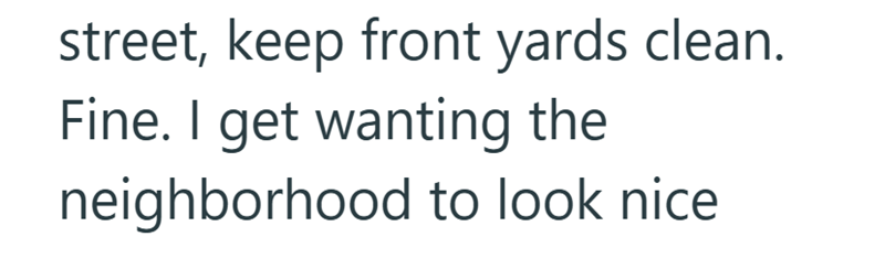 street, keep front yards clean. Fine. I get wanting the neighborhood to look nice