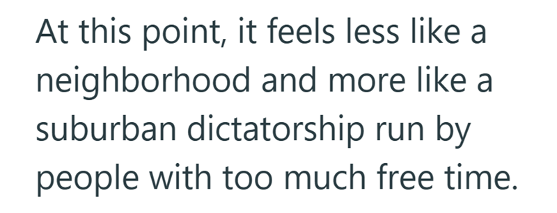 At this point, it feels less like a neighborhood and more like a suburban dictatorship run by people with too much free time.