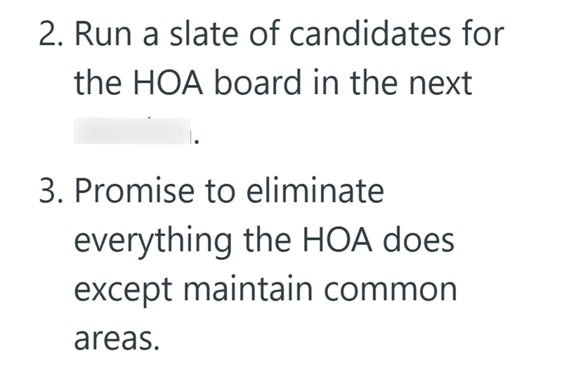 2. Run a slate of candidates for the HOA board in the next 3. Promise to eliminate everything the HOA does except maintain common areas.