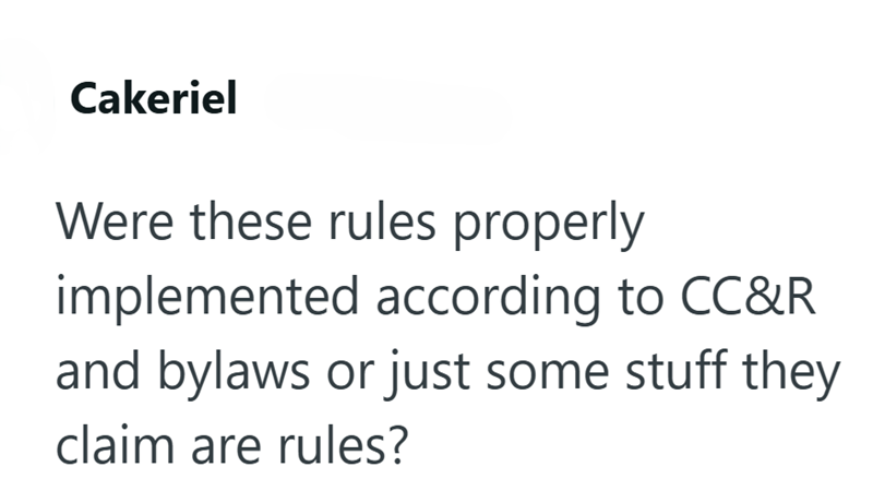 Cakeriel Were these rules properly implemented according to CC&R and bylaws or just some stuff they claim are rules?