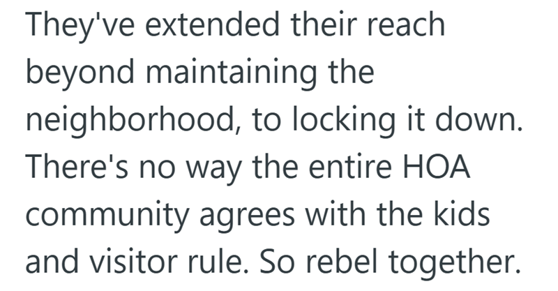 They've extended their reach beyond maintaining the neighborhood, to locking it down. There's no way the entire HOA community agrees with the kids and visitor rule. So rebel together.