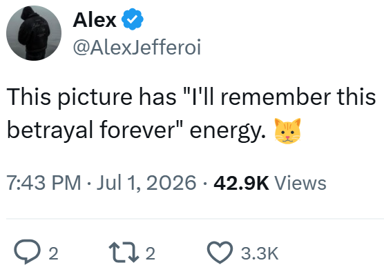 Alex @AlexJefferoi This picture has "I'll remember this betrayal forever" energy. 7:43 PM Jul 1, 2026 · 42.9K Views • ○ 2 172 3.3K