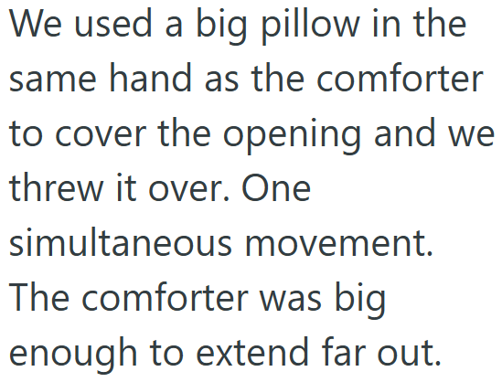 We used a big pillow in the same hand as the comforter to cover the opening and we threw it over. One simultaneous movement. The comforter was big enough to extend far out.