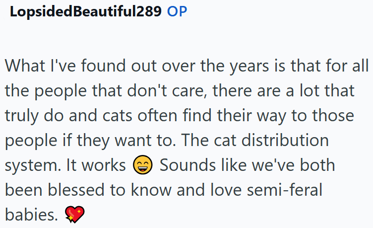 LopsidedBeautiful289 OP What I've found out over the years is that for all the people that don't care, there are a lot that truly do and cats often find their way to those people if they want to. The cat distribution system. It works Sounds like we've both been blessed to know and love semi-feral babies.