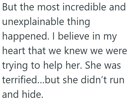 But the most incredible and unexplainable thing happened. I believe in my heart that we knew we were trying to help her. She was terrified...but she didn't run and hide.