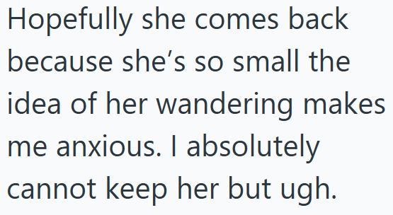 Hopefully she comes back because she's so small the idea of her wandering makes me anxious. I absolutely cannot keep her but ugh.