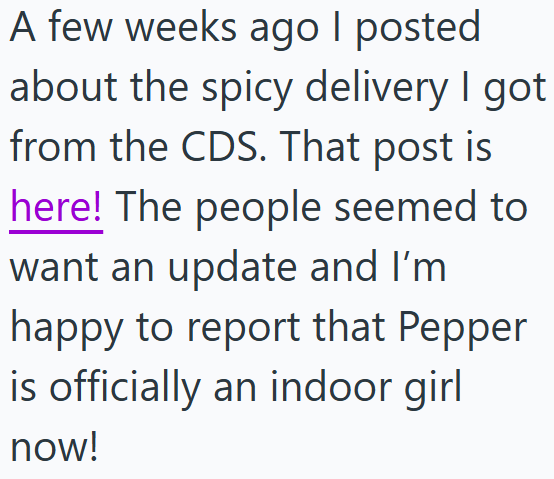 A few weeks ago I posted about the spicy delivery I got from the CDS. That post is here! The people seemed to want an update and I'm happy to report that Pepper is officially an indoor girl now!