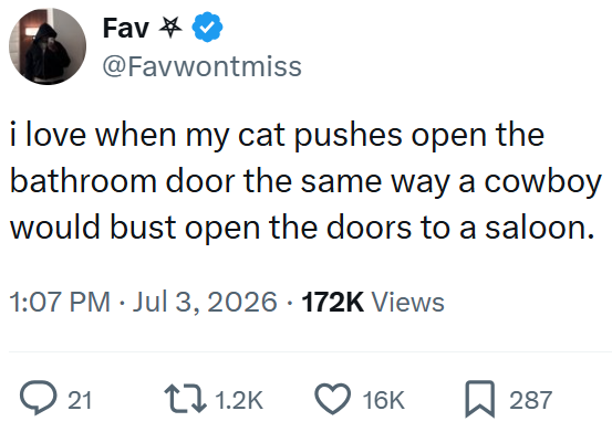 Fav @Favwontmiss i love when my cat pushes open the bathroom door the same way a cowboy would bust open the doors to a saloon. 1:07 PM Jul 3, 2026 172K Views ◇ 21 1.2K 16K ☐ 287