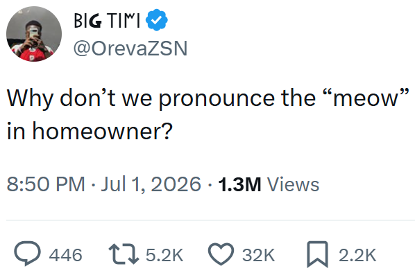 BIG TIMI @OrevaZSN Why don't we pronounce the "meow" in homeowner? 8:50 PM Jul 1, 2026 · 1.3M Views 446 5.2K 32K ☐ 2.2K