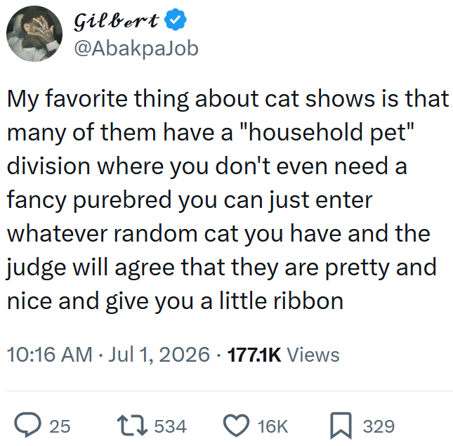 Gilbert ❤ @AbakpaJob My favorite thing about cat shows is that many of them have a "household pet" division where you don't even need a fancy purebred you can just enter whatever random cat you have and the judge will agree that they are pretty and nice and give you a little ribbon 10:16 AM ⚫ Jul 1, 2026 · 177.1K Views > 25 17534 16K ☐ 329