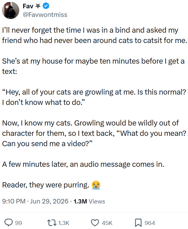 Fav * @Favwontmiss I'll never forget the time I was in a bind and asked my friend who had never been around cats to catsit for me. She's at my house for maybe ten minutes before I get a text: "Hey, all of your cats are growling at me. Is this normal? I don't know what to do." Now, I know my cats. Growling would be wildly out of character for them, so I text back, "What do you mean? Can you send me a video?" A few minutes later, an audio message comes in. Reader, they were purring. 9:10 PM ⚫ Jun