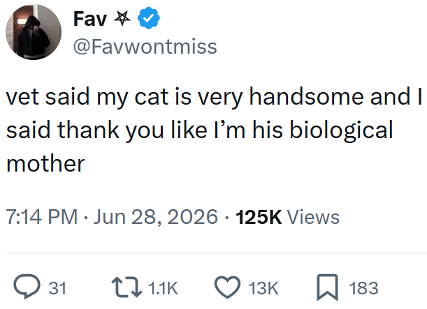 Fav * @Favwontmiss vet said my cat is very handsome and I said thank you like I'm his biological mother 7:14 PM ⚫ Jun 28, 2026 125K Views 31 1.1K 13K ☐ 183