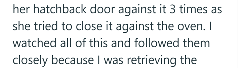 her hatchback door against it 3 times as she tried to close it against the oven. I watched all of this and followed them closely because I was retrieving the
