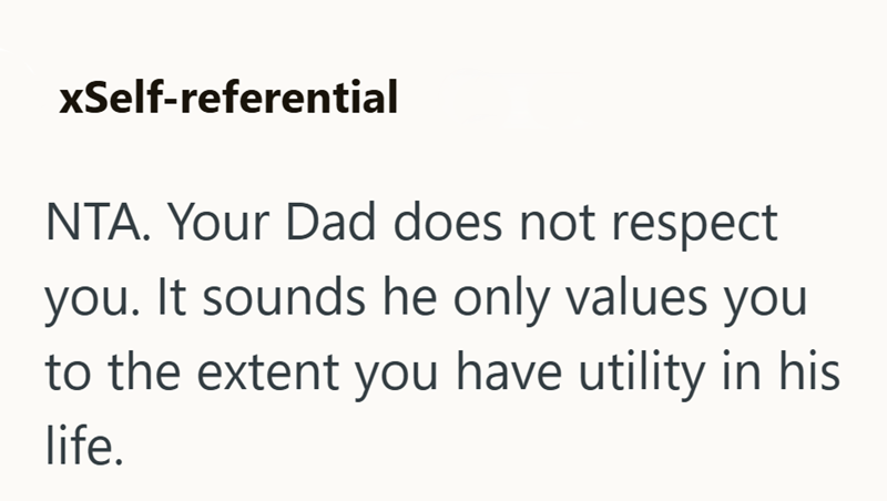 xSelf-referential NTA. Your Dad does not respect you. It sounds he only values you to the extent you have utility in his life.