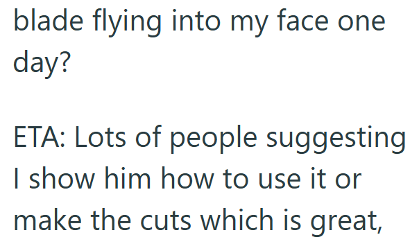 blade flying into my face one day? ETA: Lots of people suggesting I show him how to use it or make the cuts which is great,