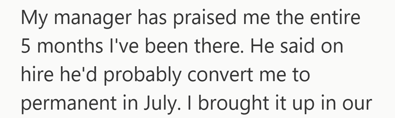 My manager has praised me the entire 5 months I've been there. He said on hire he'd probably convert me to permanent in July. I brought it up in our