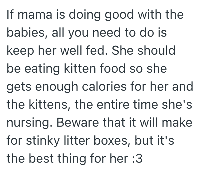 If mama is doing good with the babies, all you need to do is keep her well fed. She should be eating kitten food so she gets enough calories for her and the kittens, the entire time she's nursing. Beware that it will make for stinky litter boxes, but it's the best thing for her :3