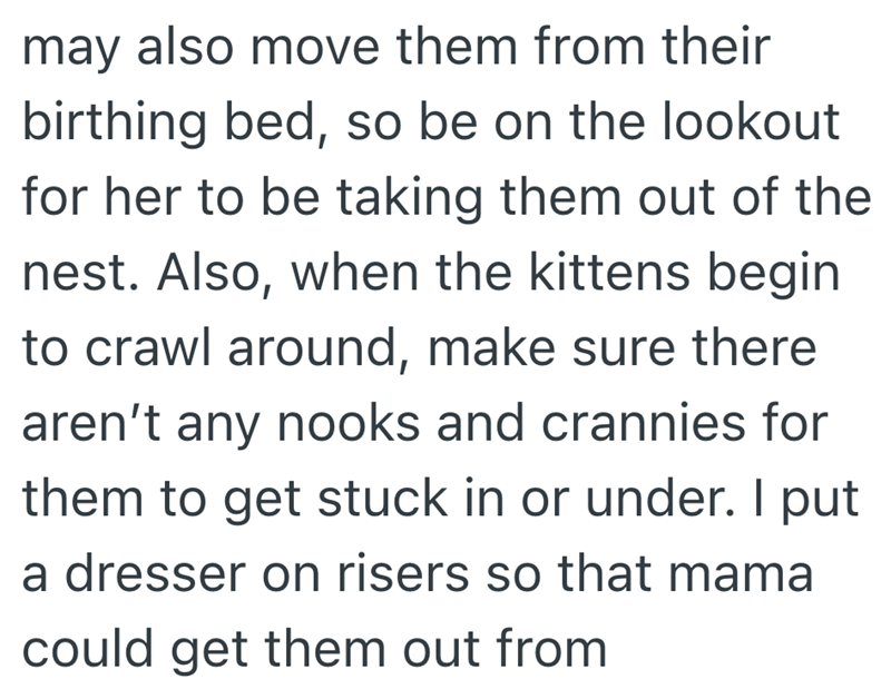 may also move them from their birthing bed, so be on the lookout for her to be taking them out of the nest. Also, when the kittens begin to crawl around, make sure there aren't any nooks and crannies for them to get stuck in or under. put a dresser on risers so that mama could get them out from