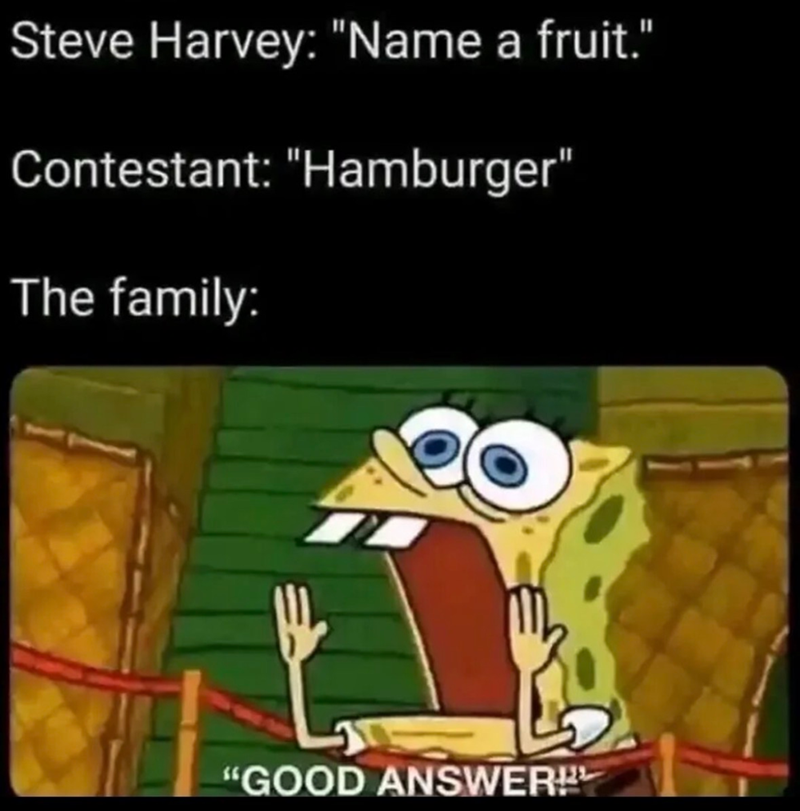 Steve Harvey: "Name a fruit." Contestant: "Hamburger" The family: "GOOD ANSWER!
