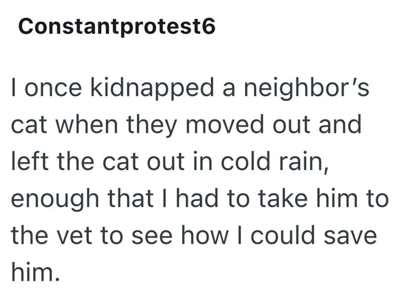 Constantprotest6 I once kidnapped a neighbor's cat when they moved out and left the cat out in cold rain, enough that I had to take him to the vet to see how I could save him.