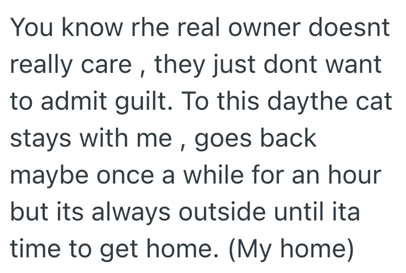 You know rhe real owner doesnt really care, they just dont want to admit guilt. To this daythe cat stays with me, goes back maybe once a while for an hour but its always outside until ita time to get home. (My home)