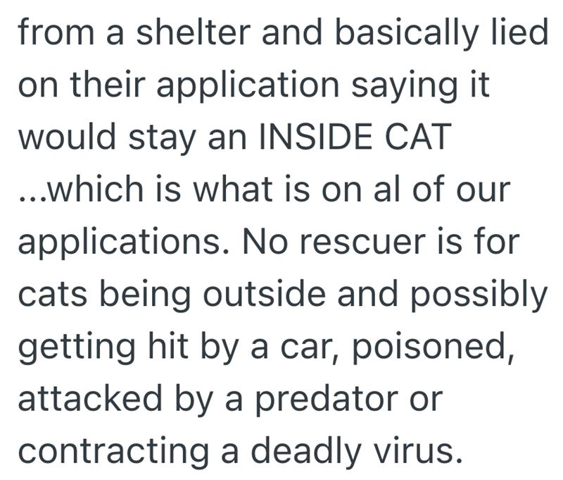 from a shelter and basically lied on their application saying it would stay an INSIDE CAT ...which is what is on al of our applications. No rescuer is for cats being outside and possibly getting hit by a car, poisoned, attacked by a predator or contracting a deadly virus.