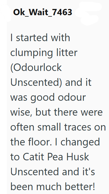 Ok_Wait_7463 I started with clumping litter (Odourlock Unscented) and it was good odour wise, but there were often small traces on the floor. I changed to Catit Pea Husk Unscented and it's been much better!