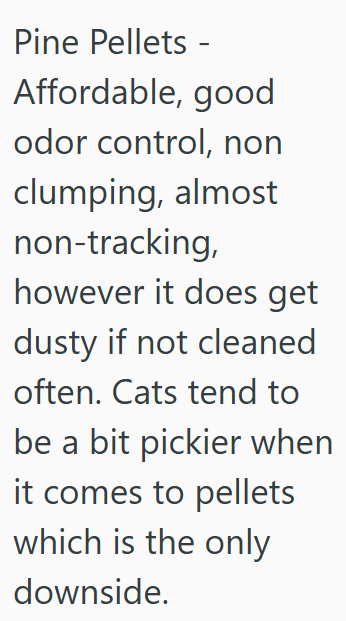 Pine Pellets - Affordable, good odor control, non clumping, almost non-tracking, however it does get dusty if not cleaned often. Cats tend to be a bit pickier when it comes to pellets which is the only downside.