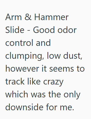 Arm & Hammer Slide Good odor control and clumping, low dust, however it seems to track like crazy which was the only downside for me.