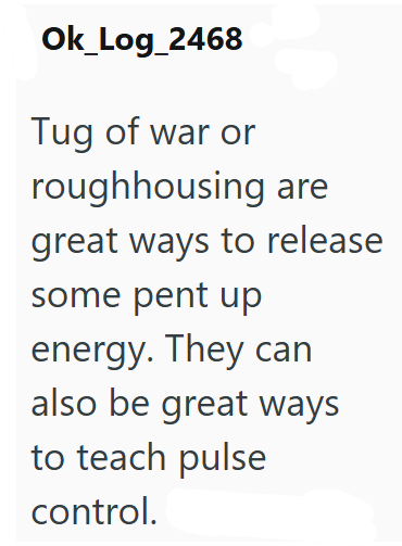 Ok_Log_2468 Tug of war or roughhousing are great ways to release some pent up energy. They can also be great ways to teach pulse control.