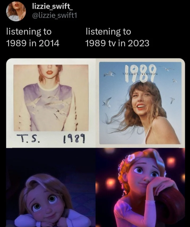 lizzie_swift @lizzie_swift1 listening to 1989 in 2014 listening to 1989 tv in 2023 T.S. 1989 1989 RSION