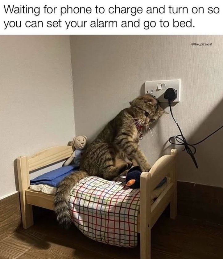 Waiting for phone to charge and turn on so you can set your alarm and go to bed. @the_pizzacat
