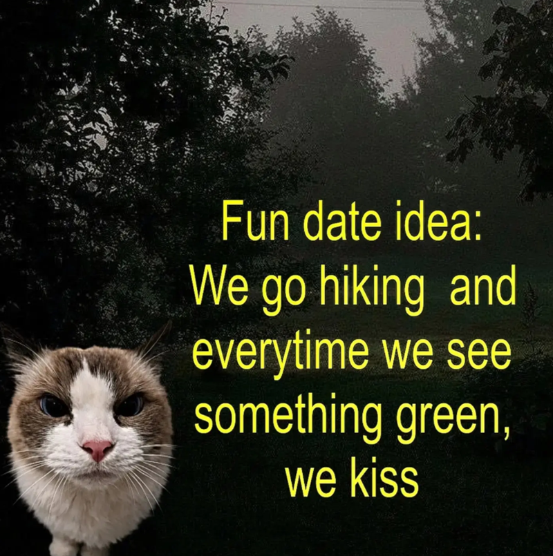 Fun date idea: We go hiking and everytime we see something green, we kiss