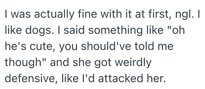 I was actually fine with it at first, ngl. I like dogs. I said something like "oh he's cute, you should've told me though" and she got weirdly defensive, like I'd attacked her.